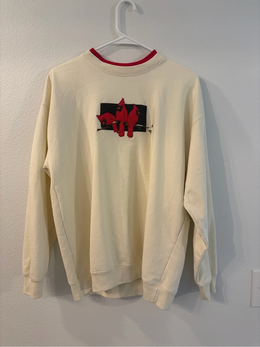 Cream Crewneck Sweater with Cardinal Birds & Polka Dots